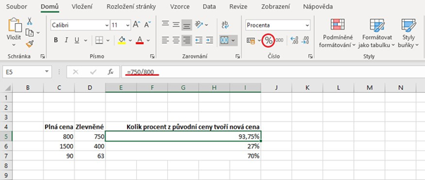 výpočet procent v MS Excel