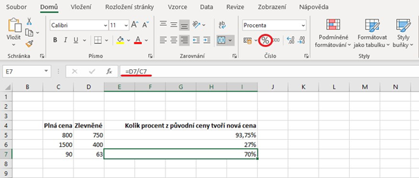výpočet procent v MS Excel