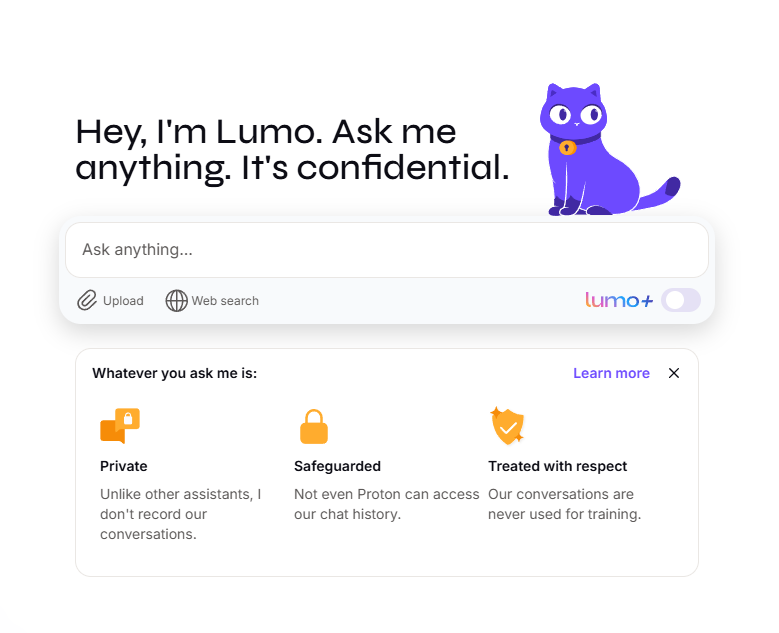 Lumo od Protonu: privátní AI chatbot. Síla, otevřenost a ochrana soukromí 2 Lumo - představení hlavní obrazovky